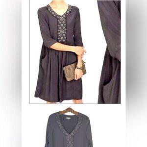 Garnet Hill Drop Waist Dress Women's 14 Gray Crepe Embroidered Art Deco Boho